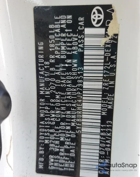 2018 Toyota Corolla L from USA, damaged, VIN 5YFBURHE4JP798513